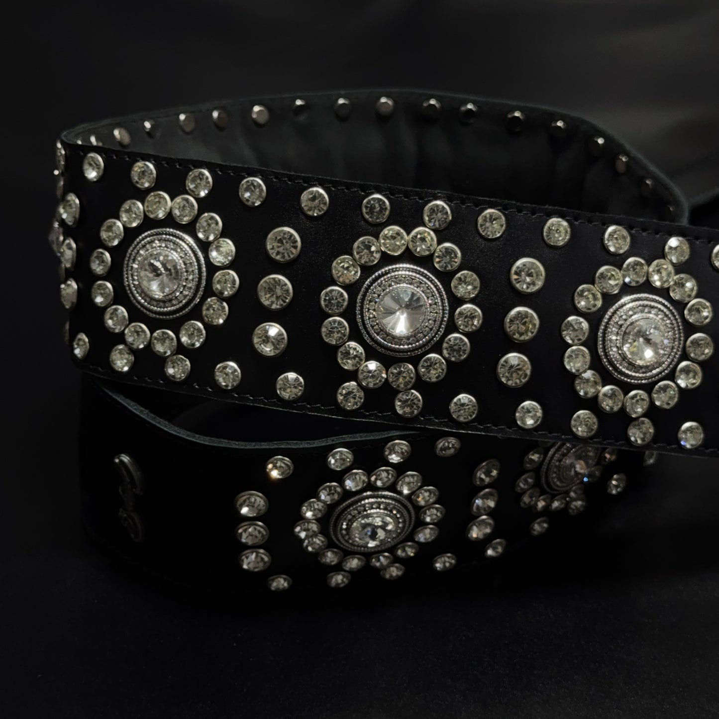 Black Leather Guitar Strap – Paul Stanley Style with Sparkling Crystal Stones - GBS