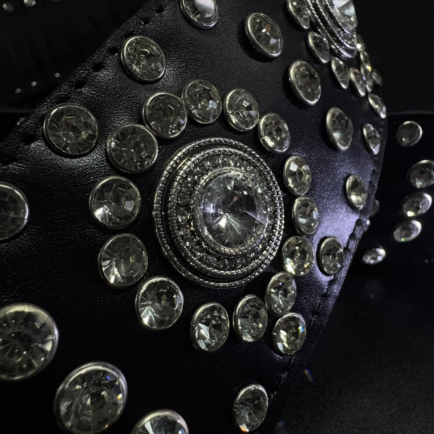 Black Leather Guitar Strap – Paul Stanley Style with Sparkling Crystal Stones - GBS