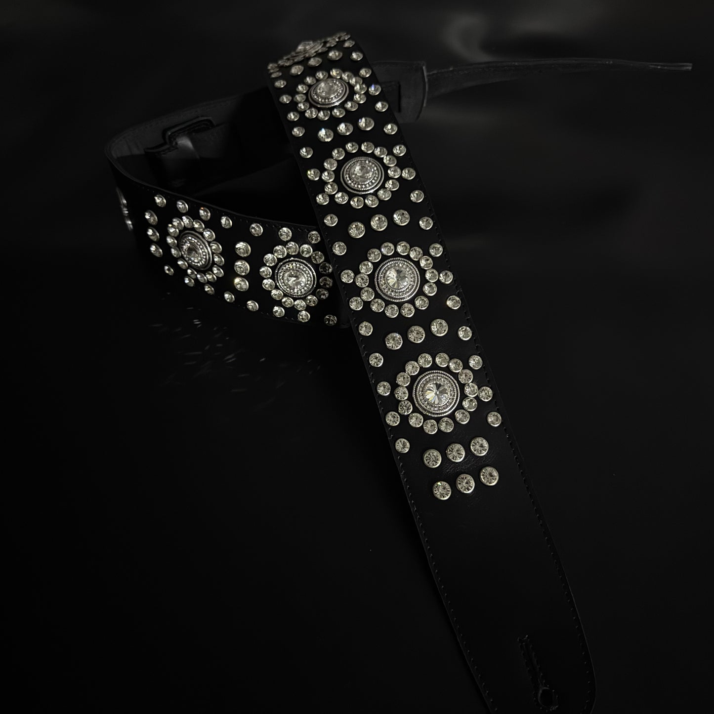 Black Leather Guitar Strap – Paul Stanley Style with Sparkling Crystal Stones - GBS