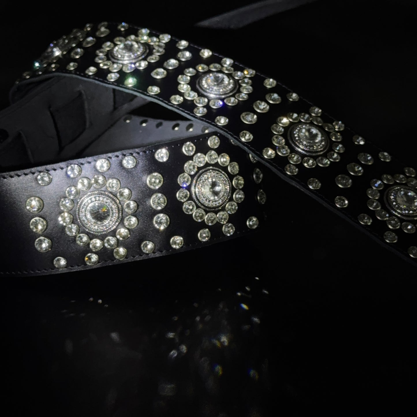 Black Leather Guitar Strap – Paul Stanley Style with Sparkling Crystal Stones - GBS