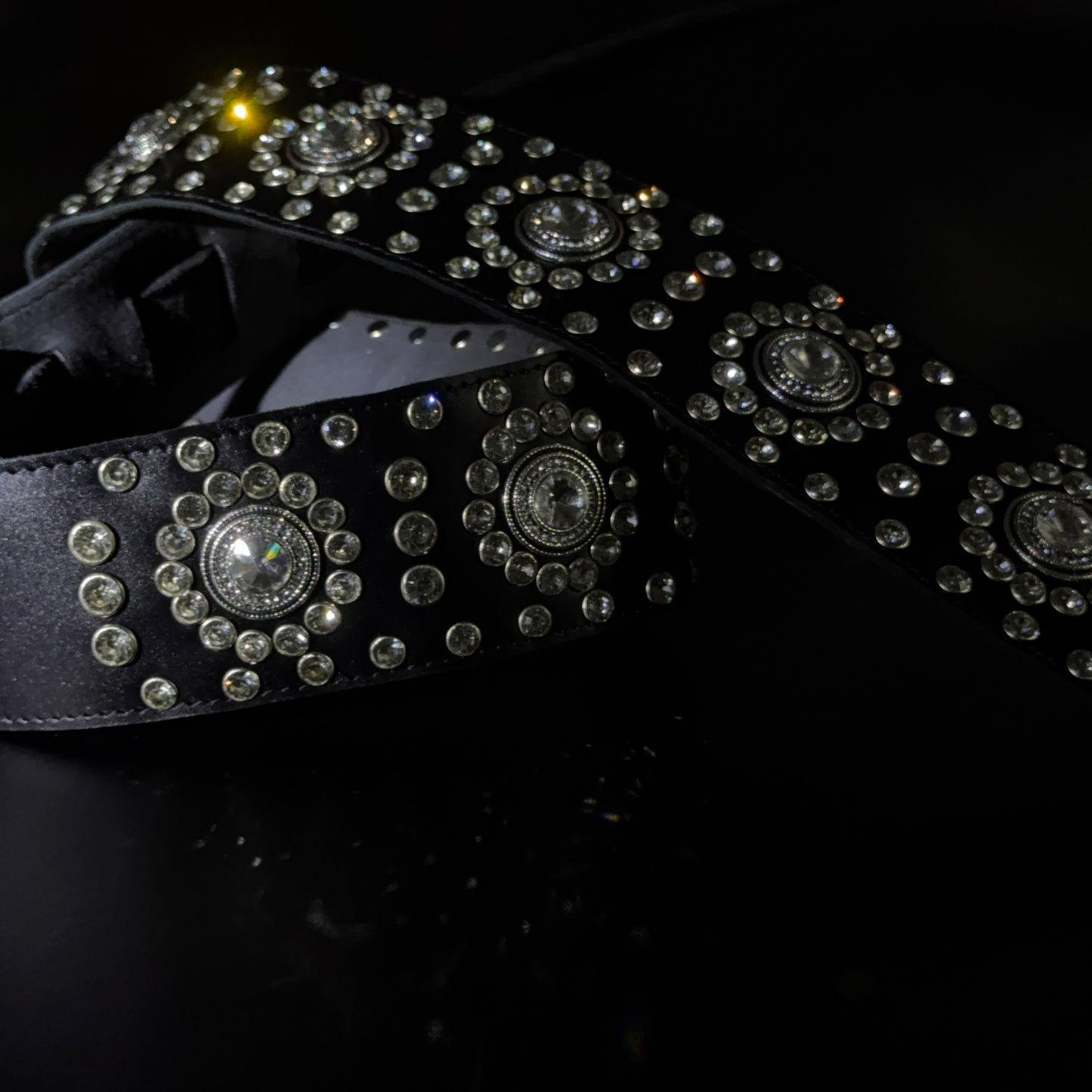 Black Leather Guitar Strap – Paul Stanley Style with Sparkling Crystal Stones - GBS