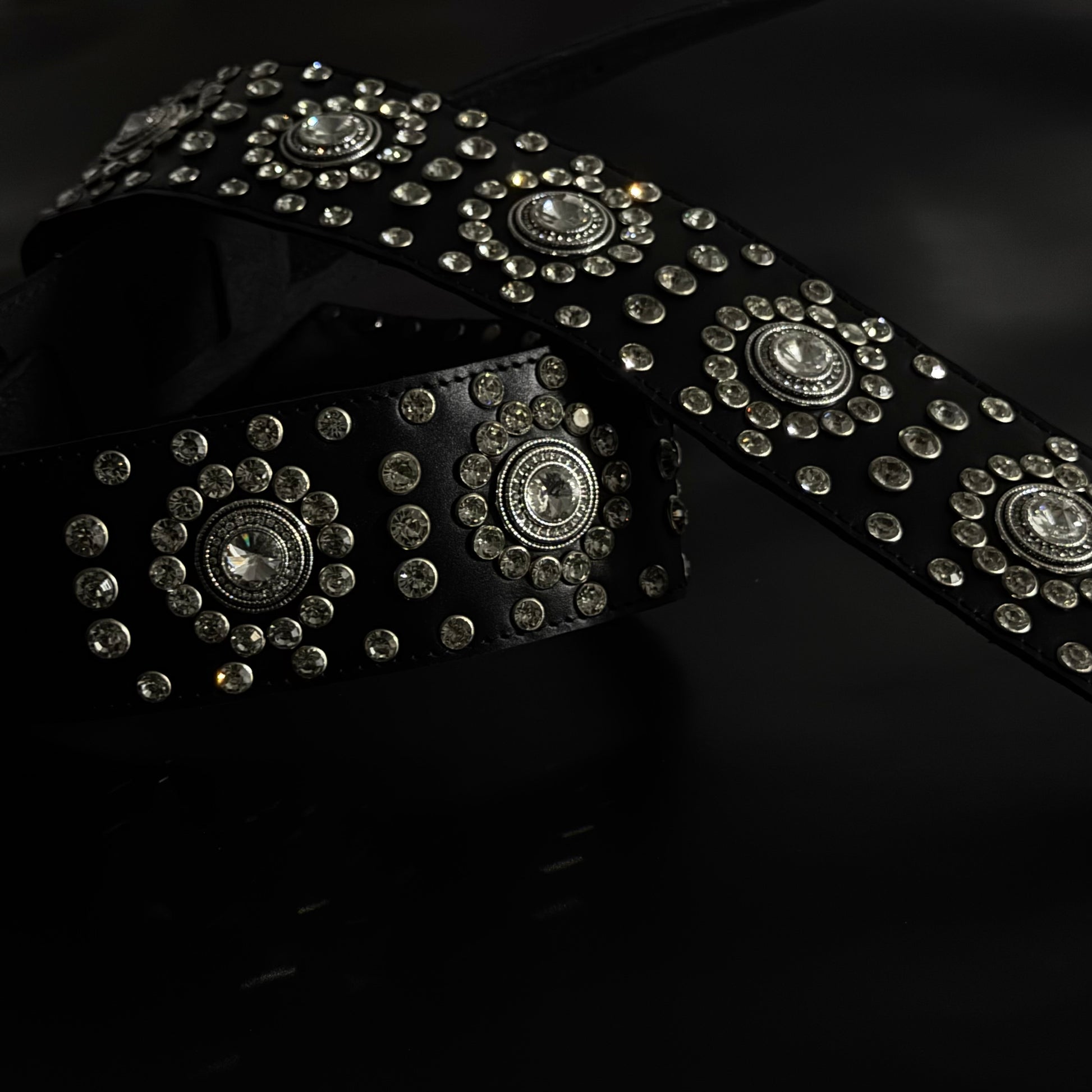 Black Leather Guitar Strap – Paul Stanley Style with Sparkling Crystal Stones - GBS