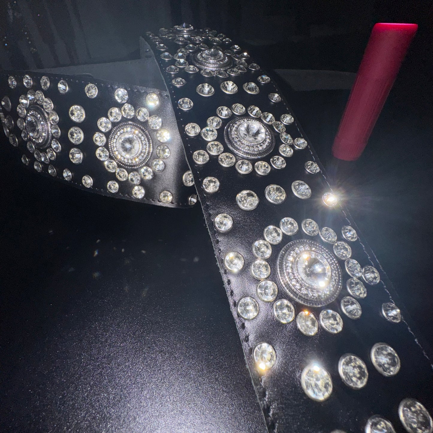 Black Leather Guitar Strap – Paul Stanley Style with Sparkling Crystal Stones - GBS