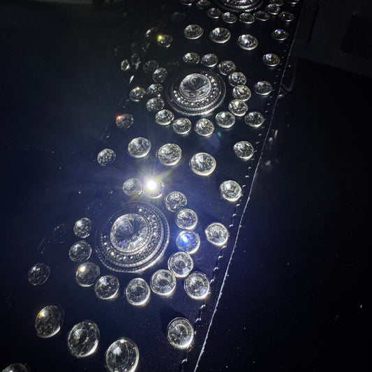 Black Leather Guitar Strap – Paul Stanley Style with Sparkling Crystal Stones - GBS