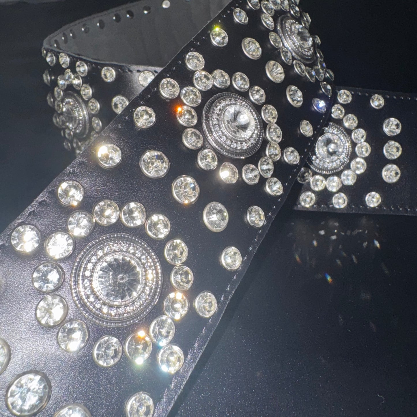 Black Leather Guitar Strap – Paul Stanley Style with Sparkling Crystal Stones - GBS