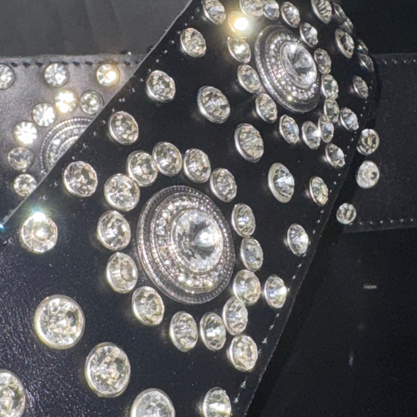 Black Leather Guitar Strap – Paul Stanley Style with Sparkling Crystal Stones - GBS
