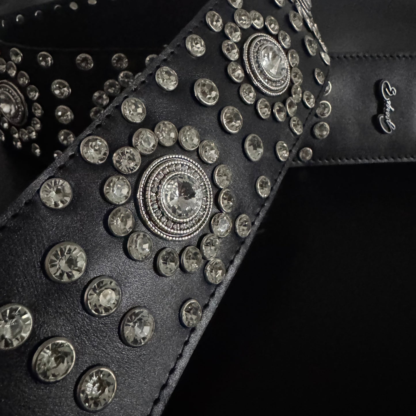 Black Leather Guitar Strap – Paul Stanley Style with Sparkling Crystal Stones - GBS