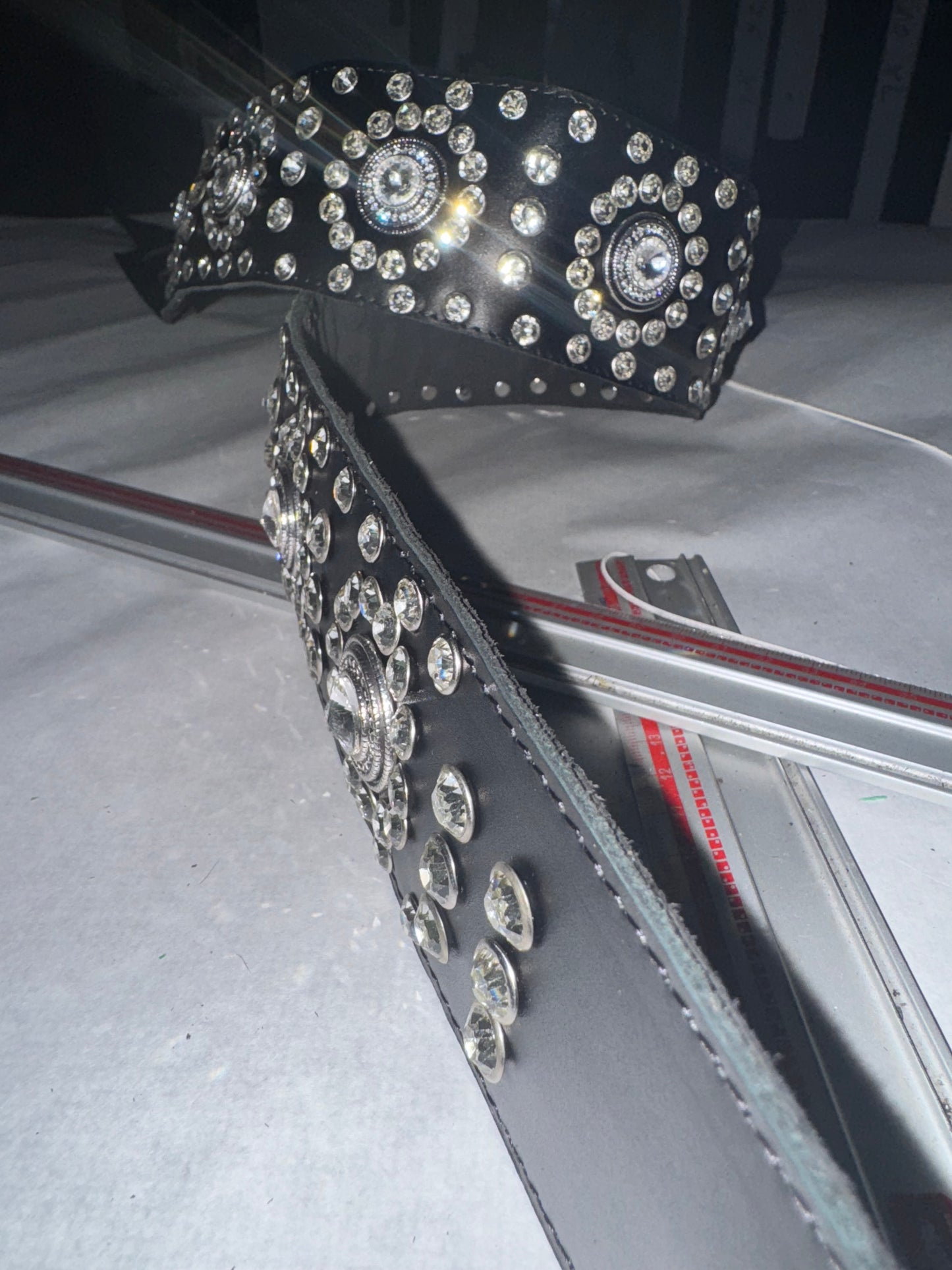 Black Leather Guitar Strap – Paul Stanley Style with Sparkling Crystal Stones - GBS