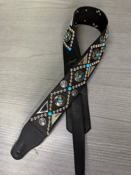 Turquoise Trail – Handmade Black Leather Guitar Strap with Turquoise Stones & Silver Conchos - GBS