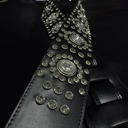 Black Leather Guitar Strap – Paul Stanley Style with Sparkling Crystal Stones - GBS