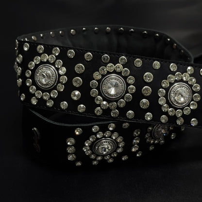 Black Leather Guitar Strap – Paul Stanley Style with Sparkling Crystal Stones - GBS