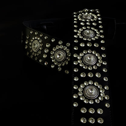 Black Leather Guitar Strap – Paul Stanley Style with Sparkling Crystal Stones - GBS