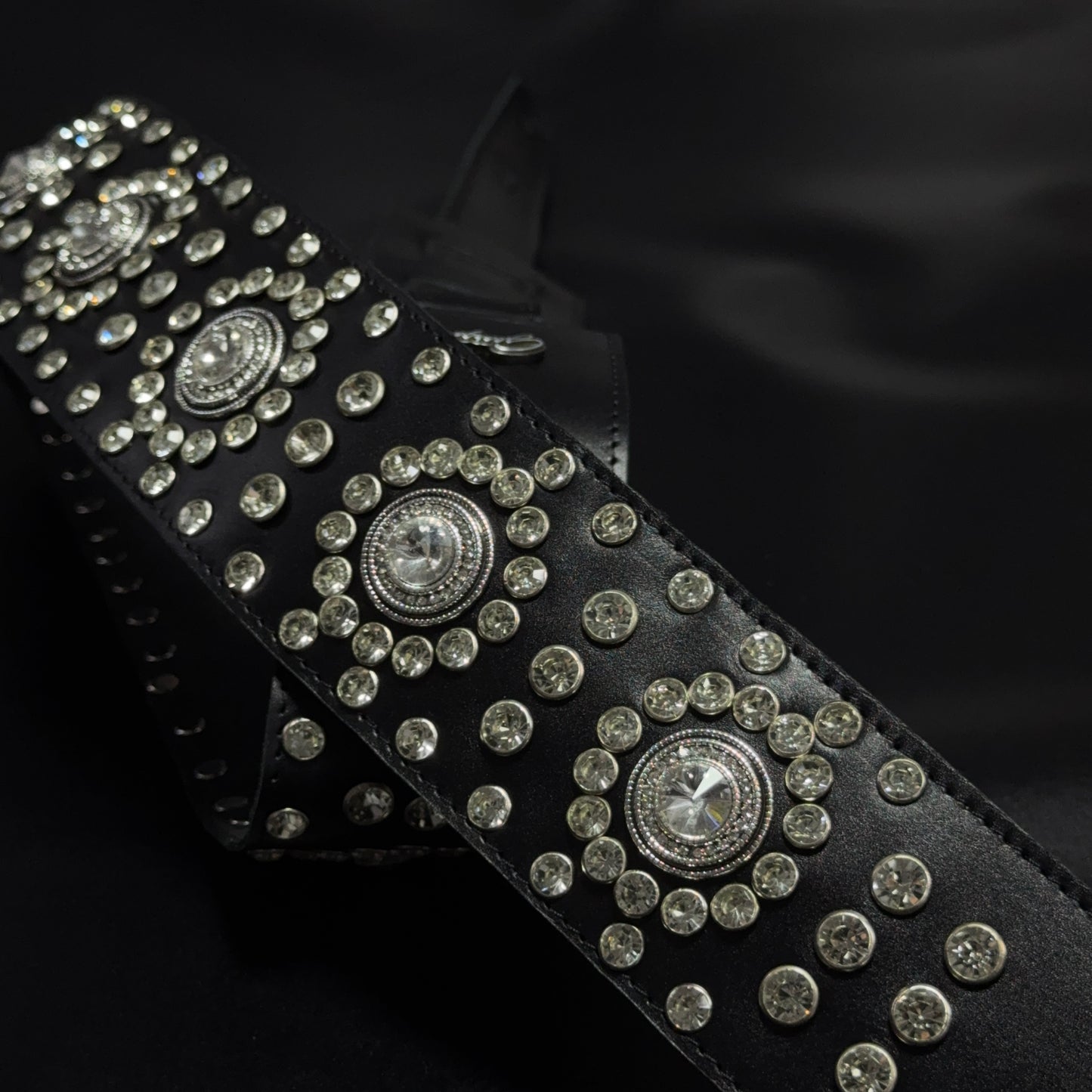 Black Leather Guitar Strap – Paul Stanley Style with Sparkling Crystal Stones - GBS