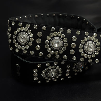 Black Leather Guitar Strap – Paul Stanley Style with Sparkling Crystal Stones - GBS