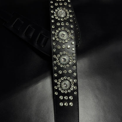 Black Leather Guitar Strap – Paul Stanley Style with Sparkling Crystal Stones - GBS