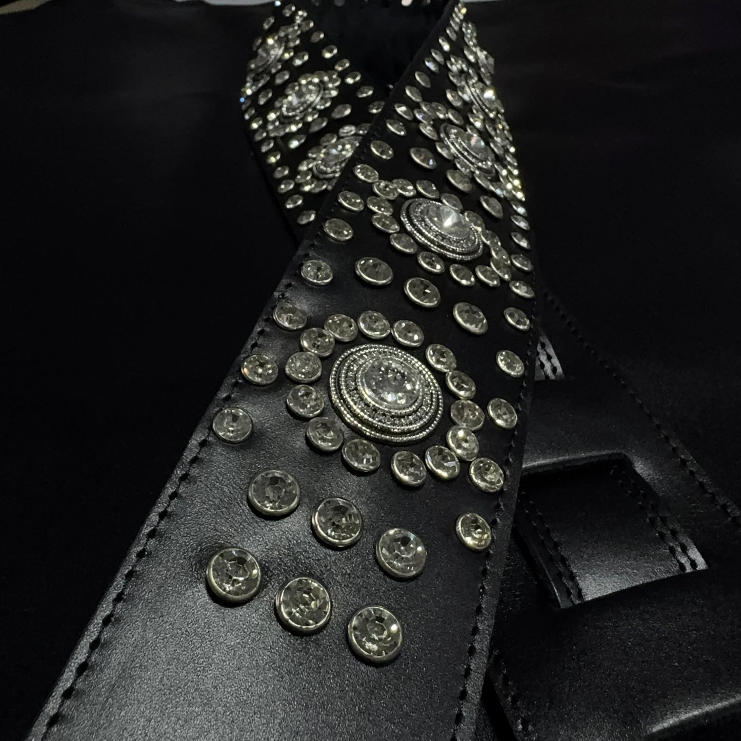 Black Leather Guitar Strap – Paul Stanley Style with Sparkling Crystal Stones - GBS