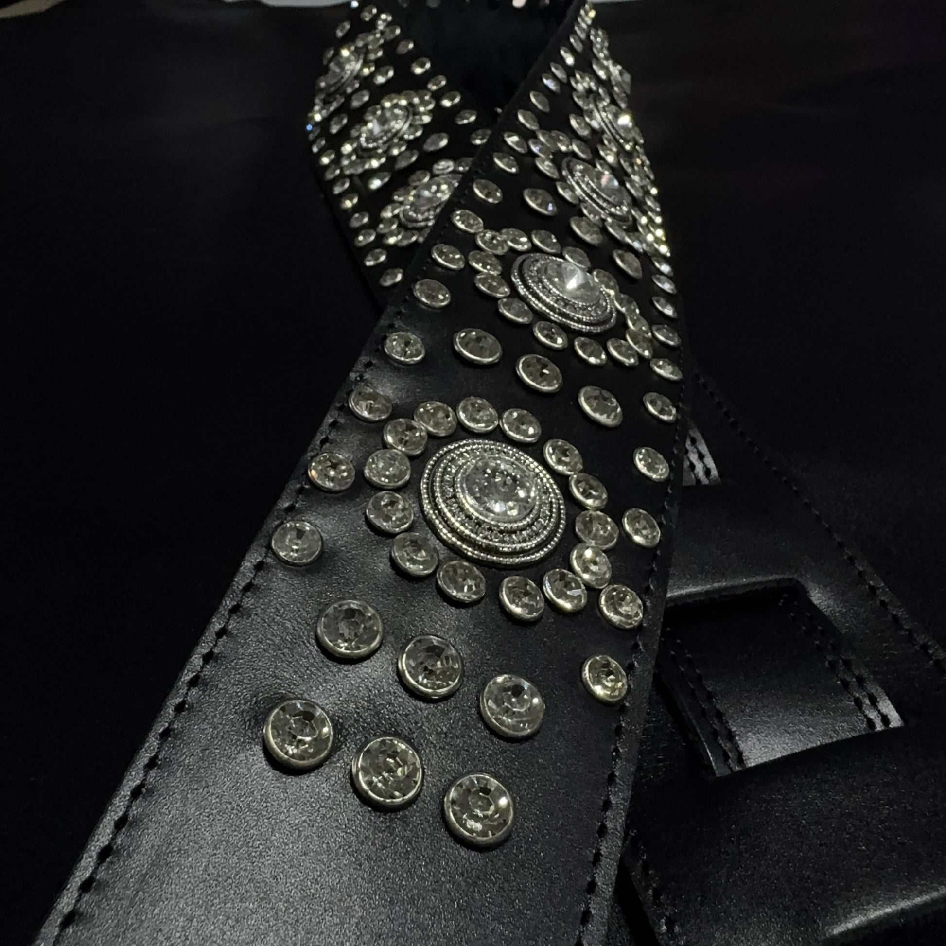 Black Leather Guitar Strap – Paul Stanley Style with Sparkling Crystal Stones - GBS