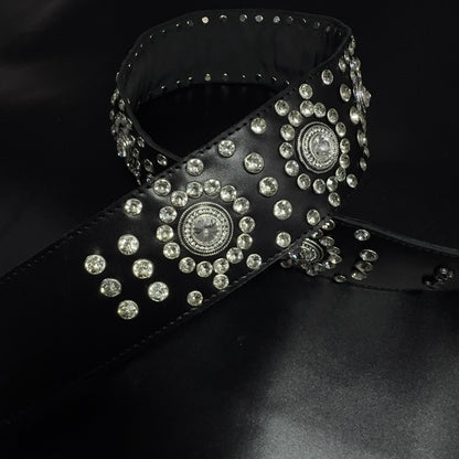 Black Leather Guitar Strap – Paul Stanley Style with Sparkling Crystal Stones - GBS