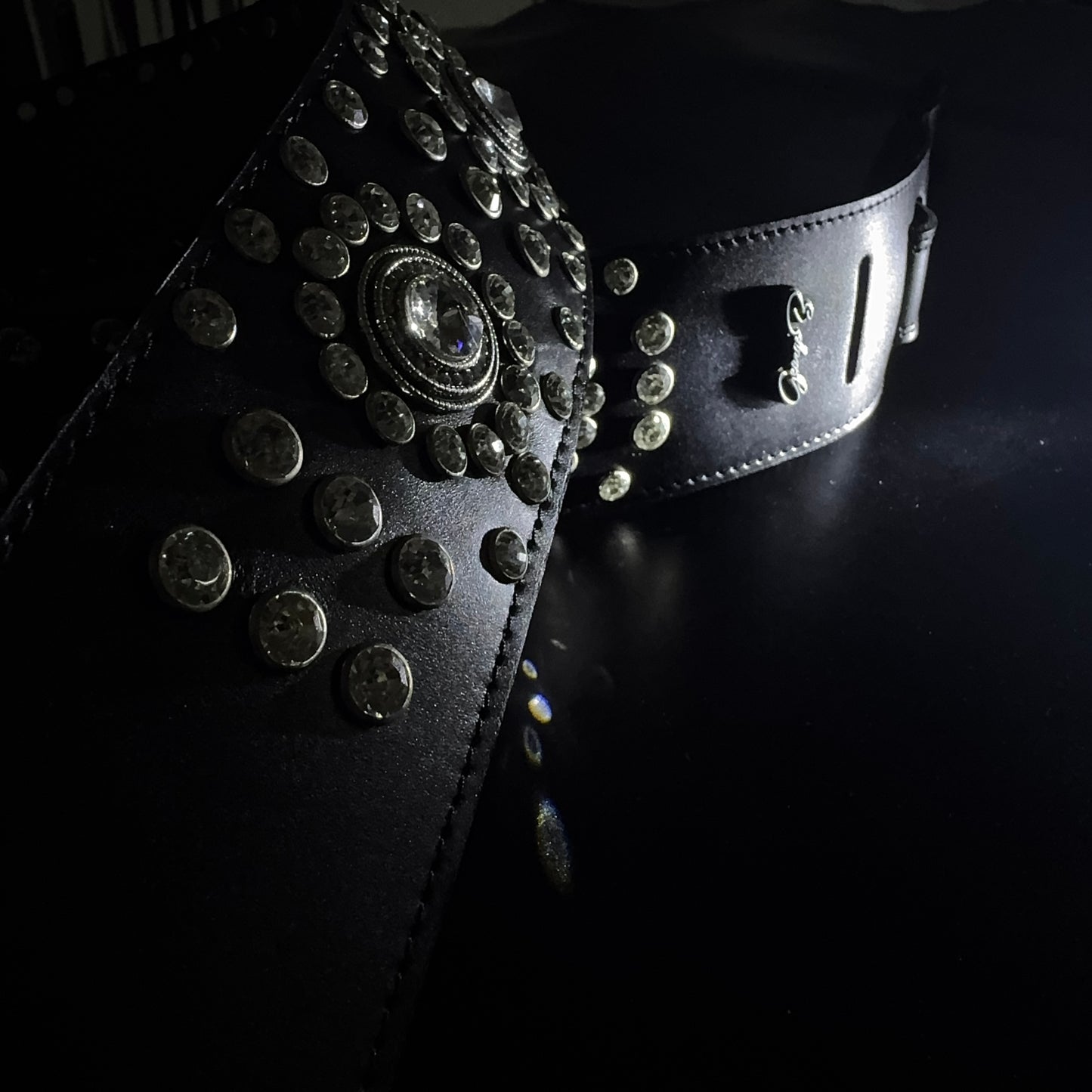 Black Leather Guitar Strap – Paul Stanley Style with Sparkling Crystal Stones - GBS