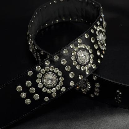 Black Leather Guitar Strap – Paul Stanley Style with Sparkling Crystal Stones - GBS