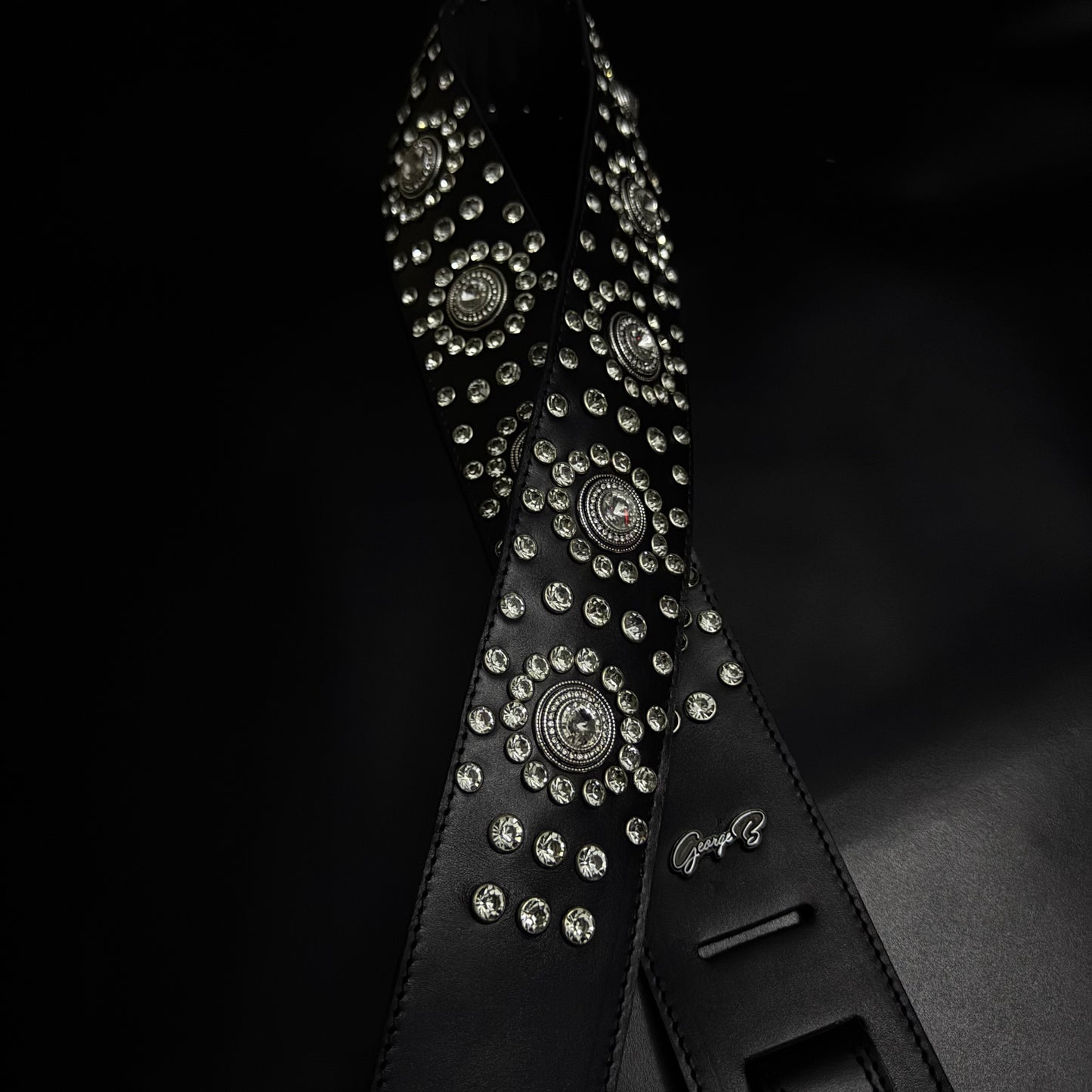 Black Leather Guitar Strap – Paul Stanley Style with Sparkling Crystal Stones - GBS