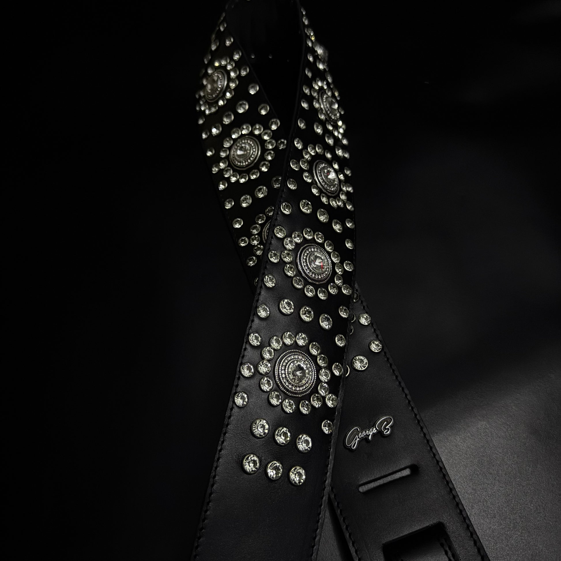 Black Leather Guitar Strap – Paul Stanley Style with Sparkling Crystal Stones - GBS