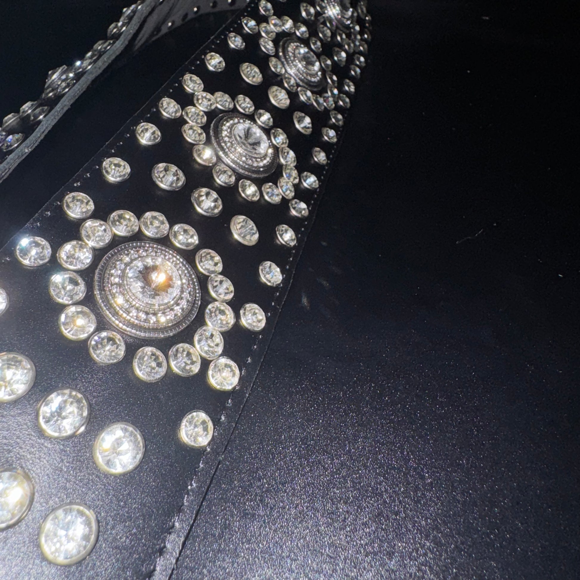 Black Leather Guitar Strap – Paul Stanley Style with Sparkling Crystal Stones - GBS