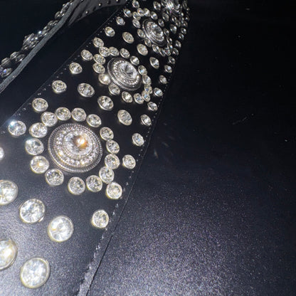 Black Leather Guitar Strap – Paul Stanley Style with Sparkling Crystal Stones - GBS