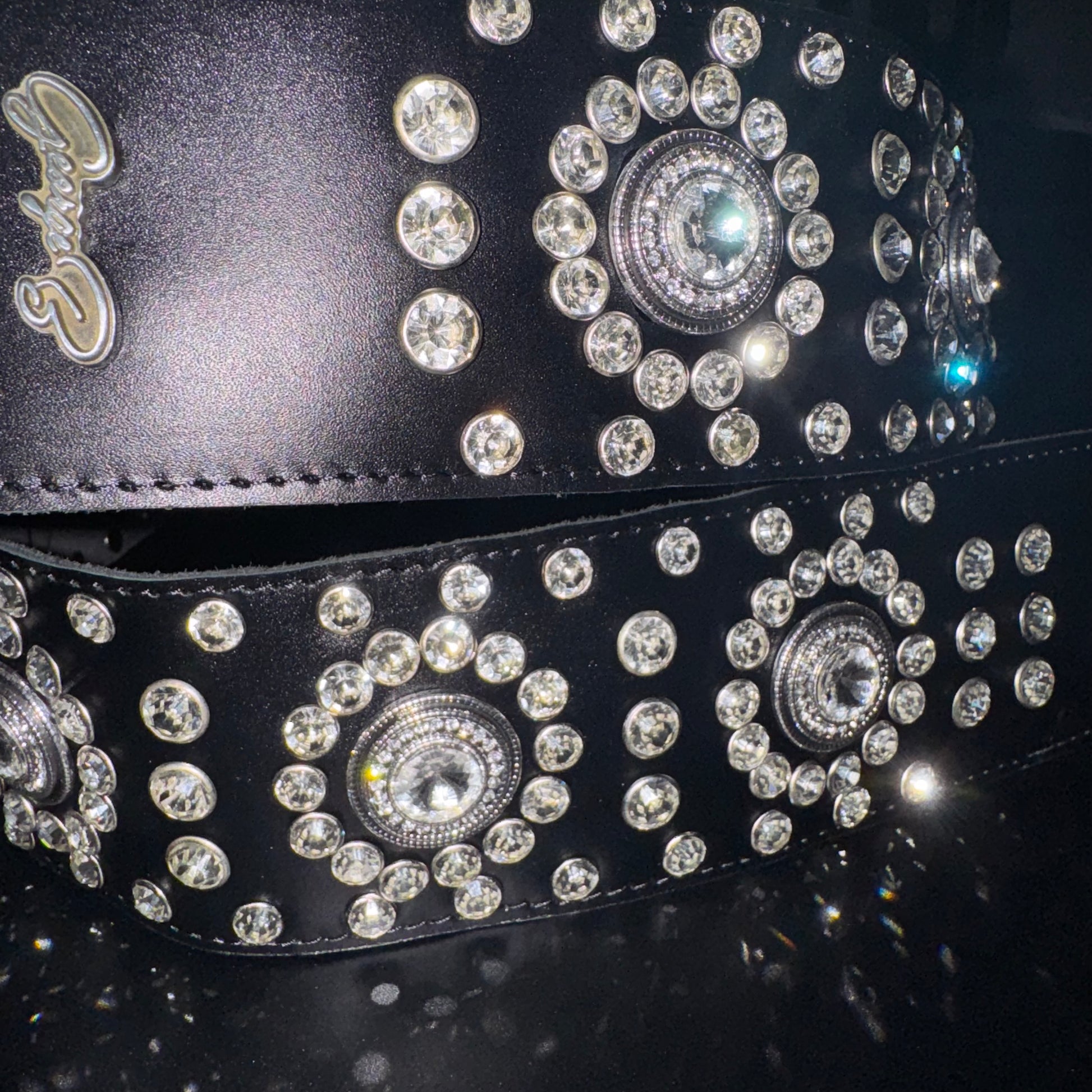 Black Leather Guitar Strap – Paul Stanley Style with Sparkling Crystal Stones - GBS