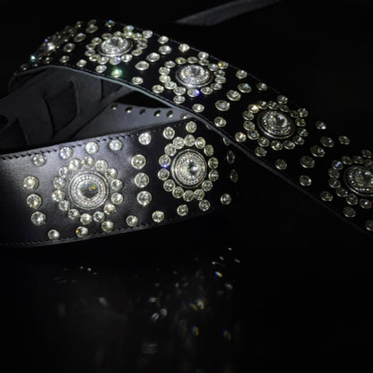 Black Leather Guitar Strap – Paul Stanley Style with Sparkling Crystal Stones - GBS