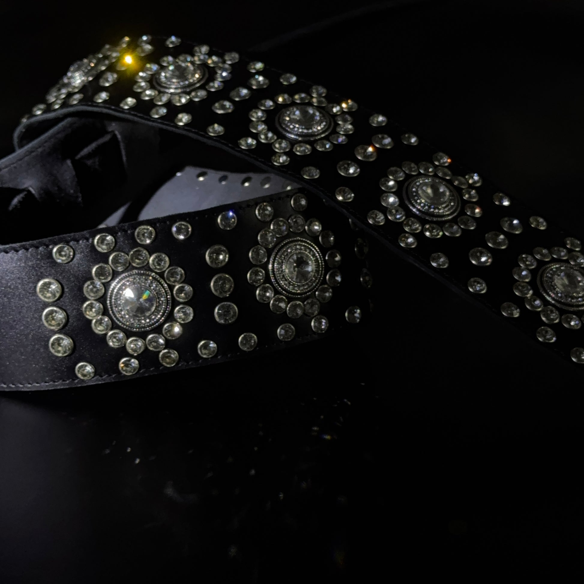 Black Leather Guitar Strap – Paul Stanley Style with Sparkling Crystal Stones - GBS