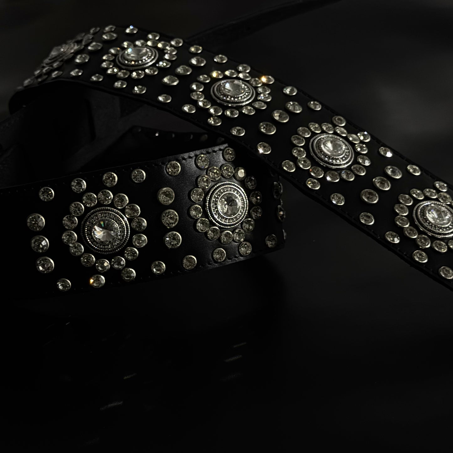 Black Leather Guitar Strap – Paul Stanley Style with Sparkling Crystal Stones - GBS