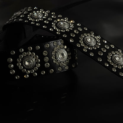 Black Leather Guitar Strap – Paul Stanley Style with Sparkling Crystal Stones - GBS
