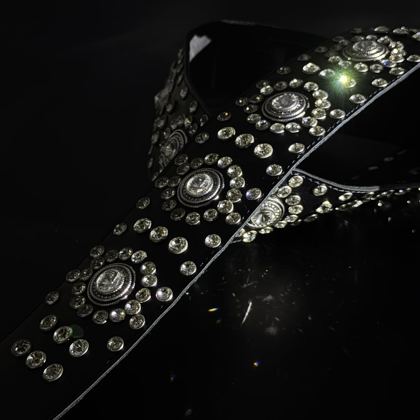 Black Leather Guitar Strap – Paul Stanley Style with Sparkling Crystal Stones - GBS