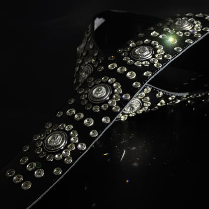 Black Leather Guitar Strap – Paul Stanley Style with Sparkling Crystal Stones - GBS