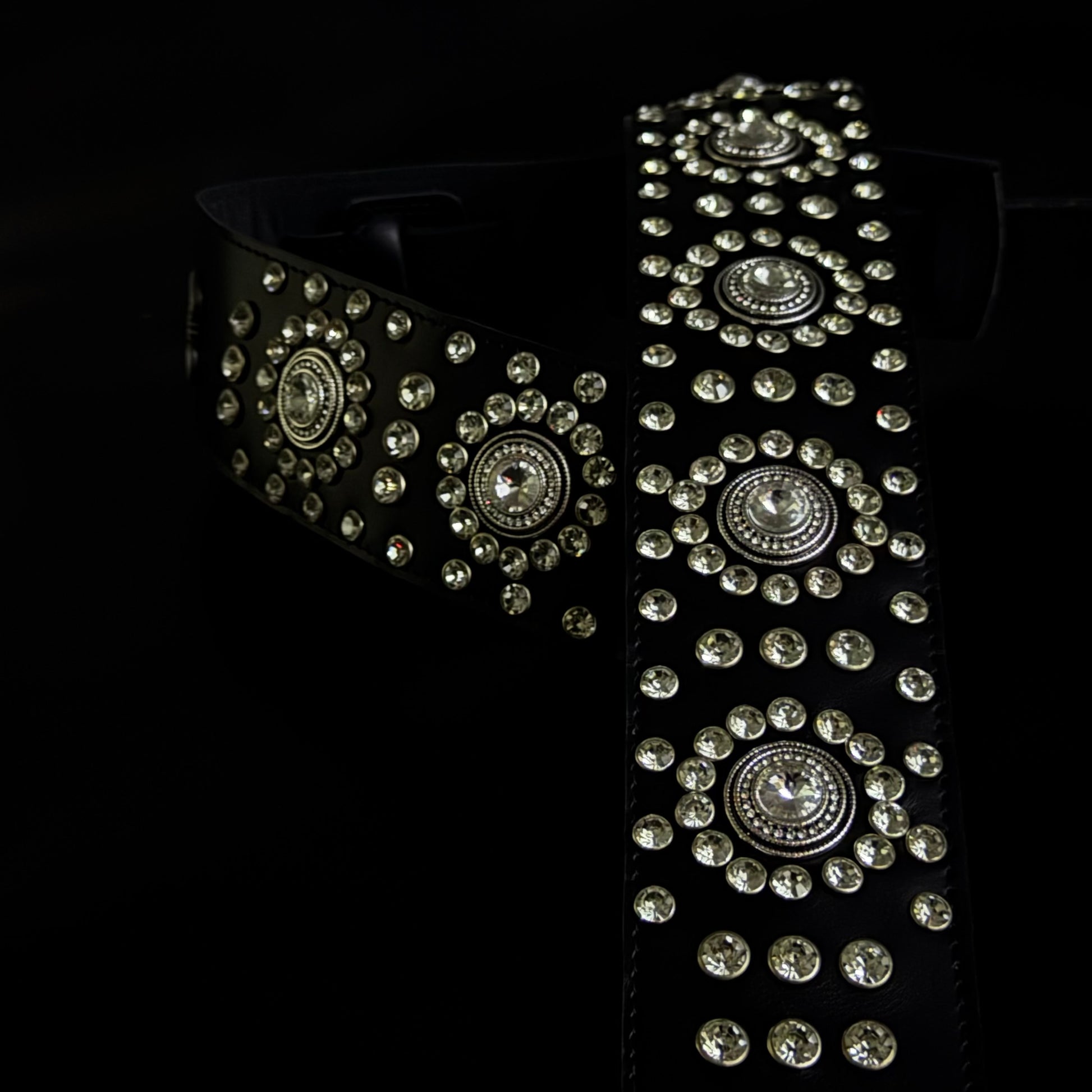 Black Leather Guitar Strap – Paul Stanley Style with Sparkling Crystal Stones - GBS