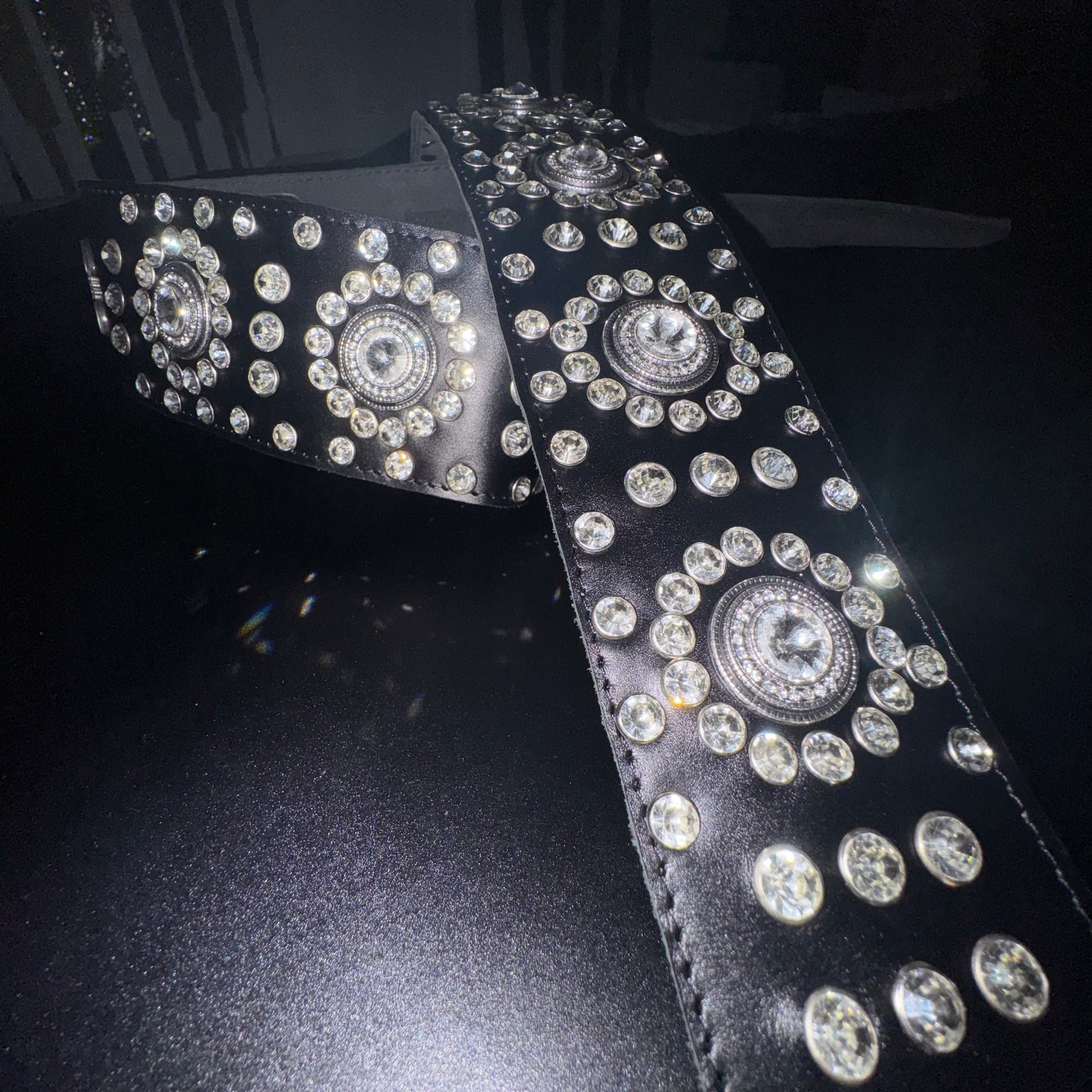 Black Leather Guitar Strap – Paul Stanley Style with Sparkling Crystal Stones - GBS