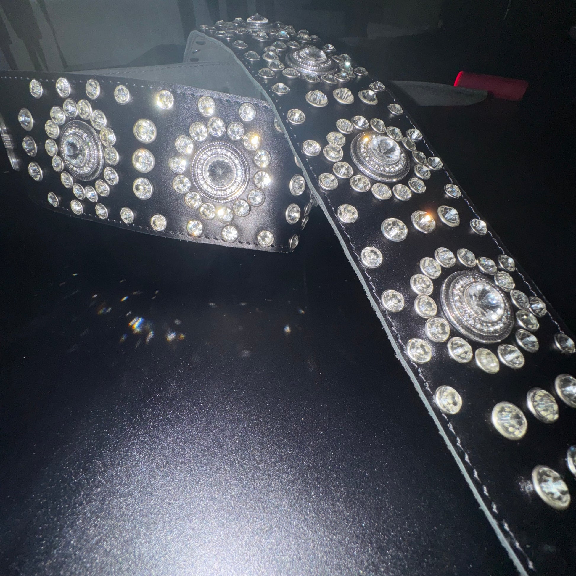 Black Leather Guitar Strap – Paul Stanley Style with Sparkling Crystal Stones - GBS