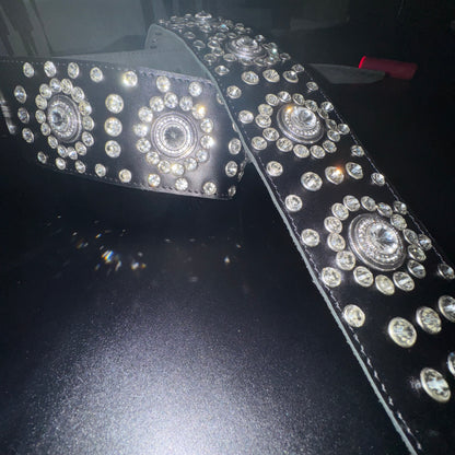Black Leather Guitar Strap – Paul Stanley Style with Sparkling Crystal Stones - GBS