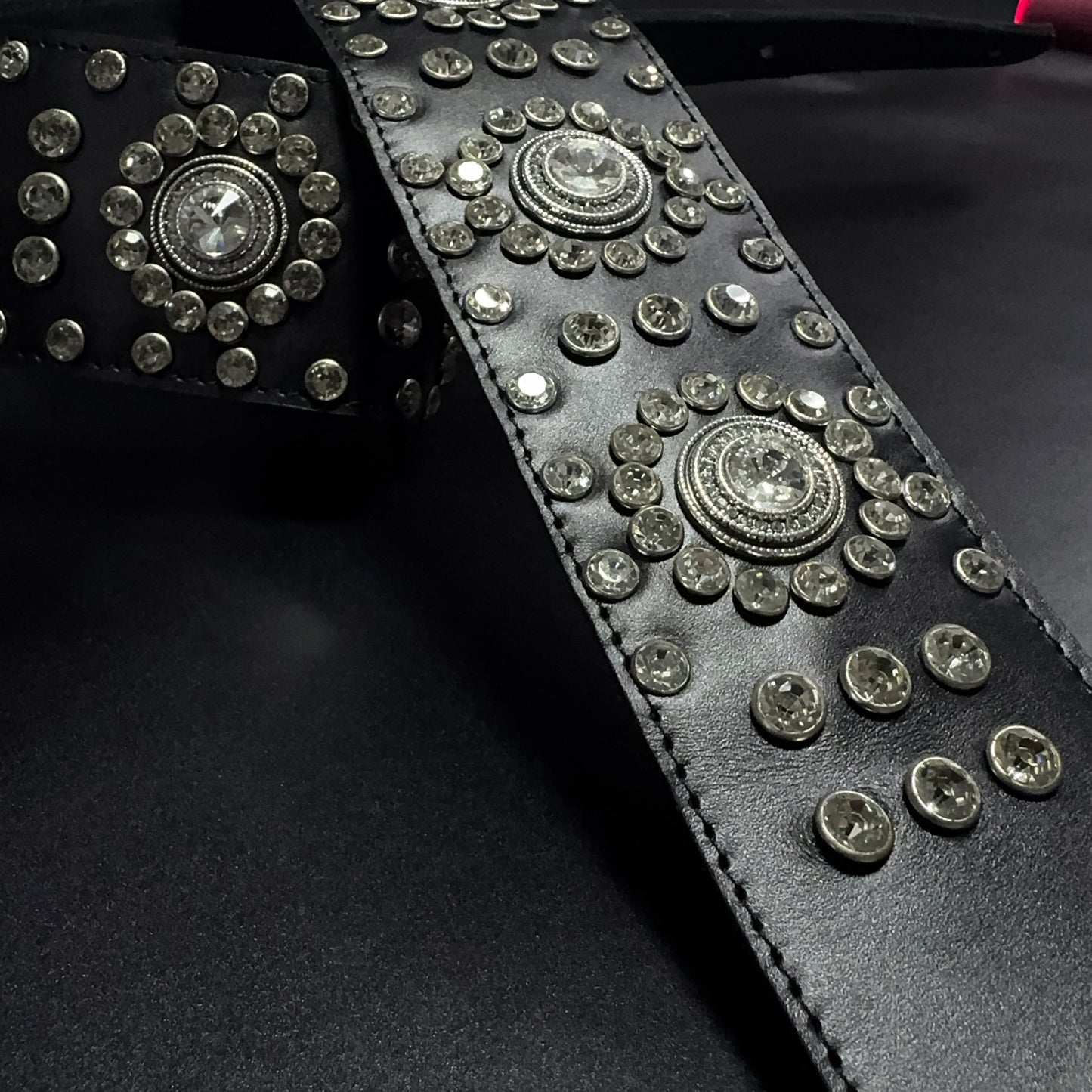 Black Leather Guitar Strap – Paul Stanley Style with Sparkling Crystal Stones - GBS
