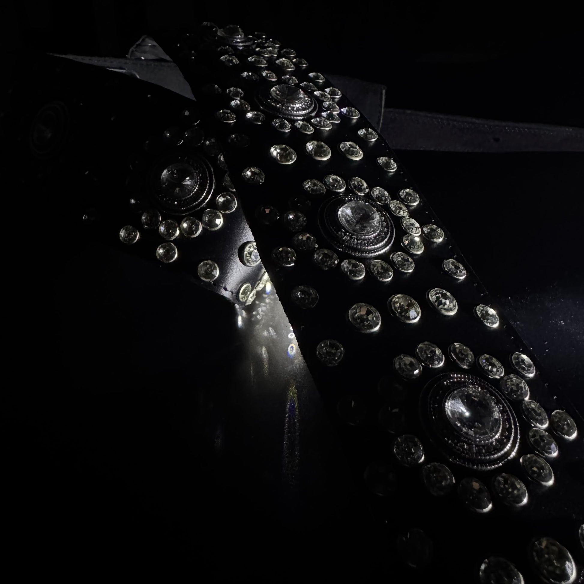 Black Leather Guitar Strap – Paul Stanley Style with Sparkling Crystal Stones - GBS