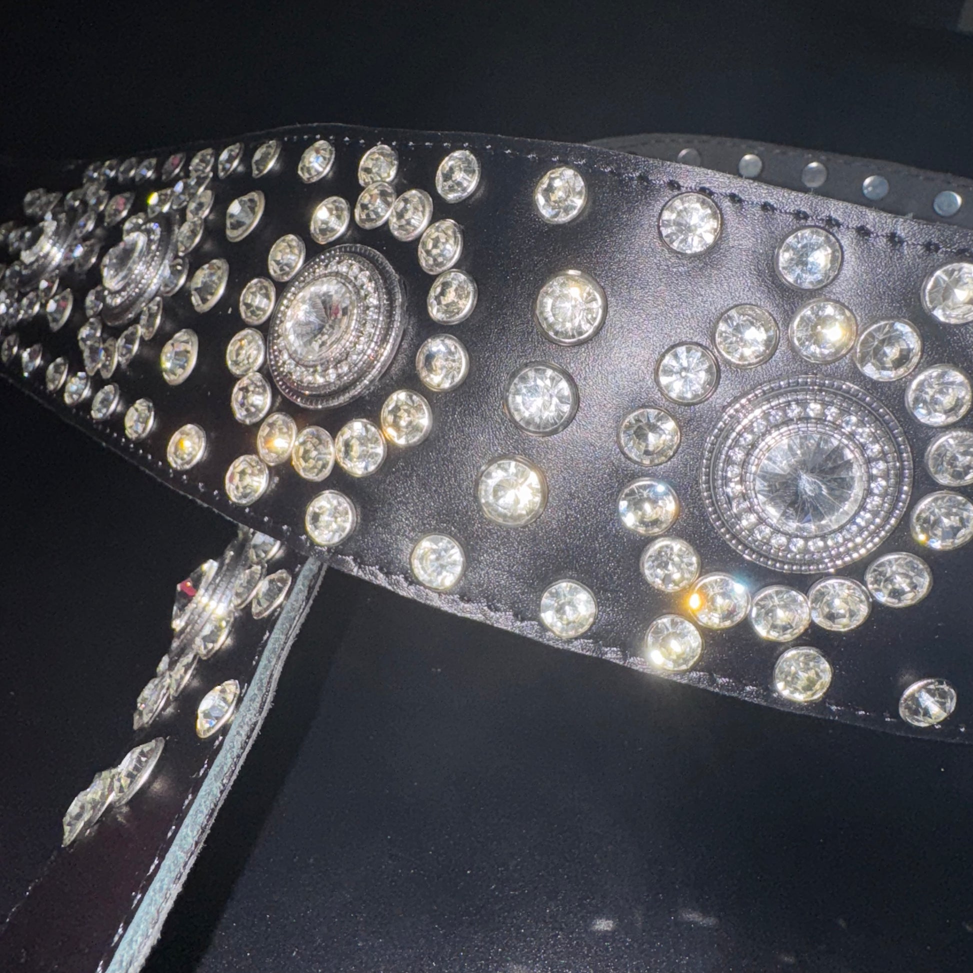 Black Leather Guitar Strap – Paul Stanley Style with Sparkling Crystal Stones - GBS