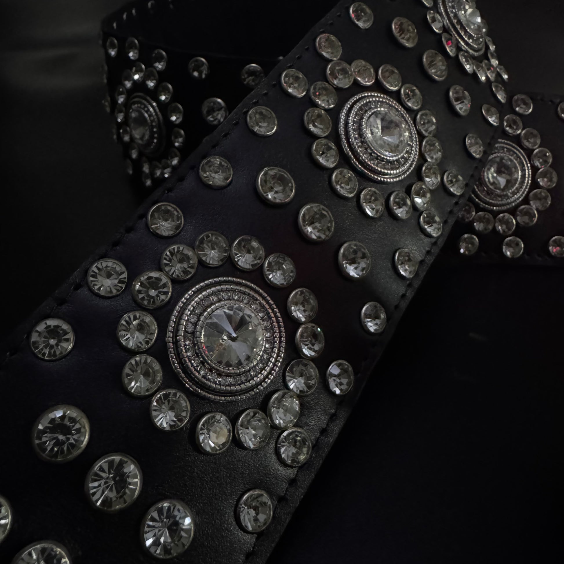 Black Leather Guitar Strap – Paul Stanley Style with Sparkling Crystal Stones - GBS