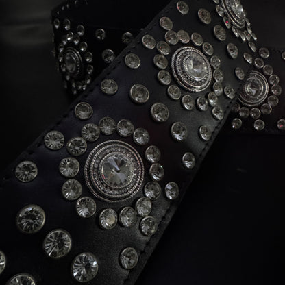 Black Leather Guitar Strap – Paul Stanley Style with Sparkling Crystal Stones - GBS