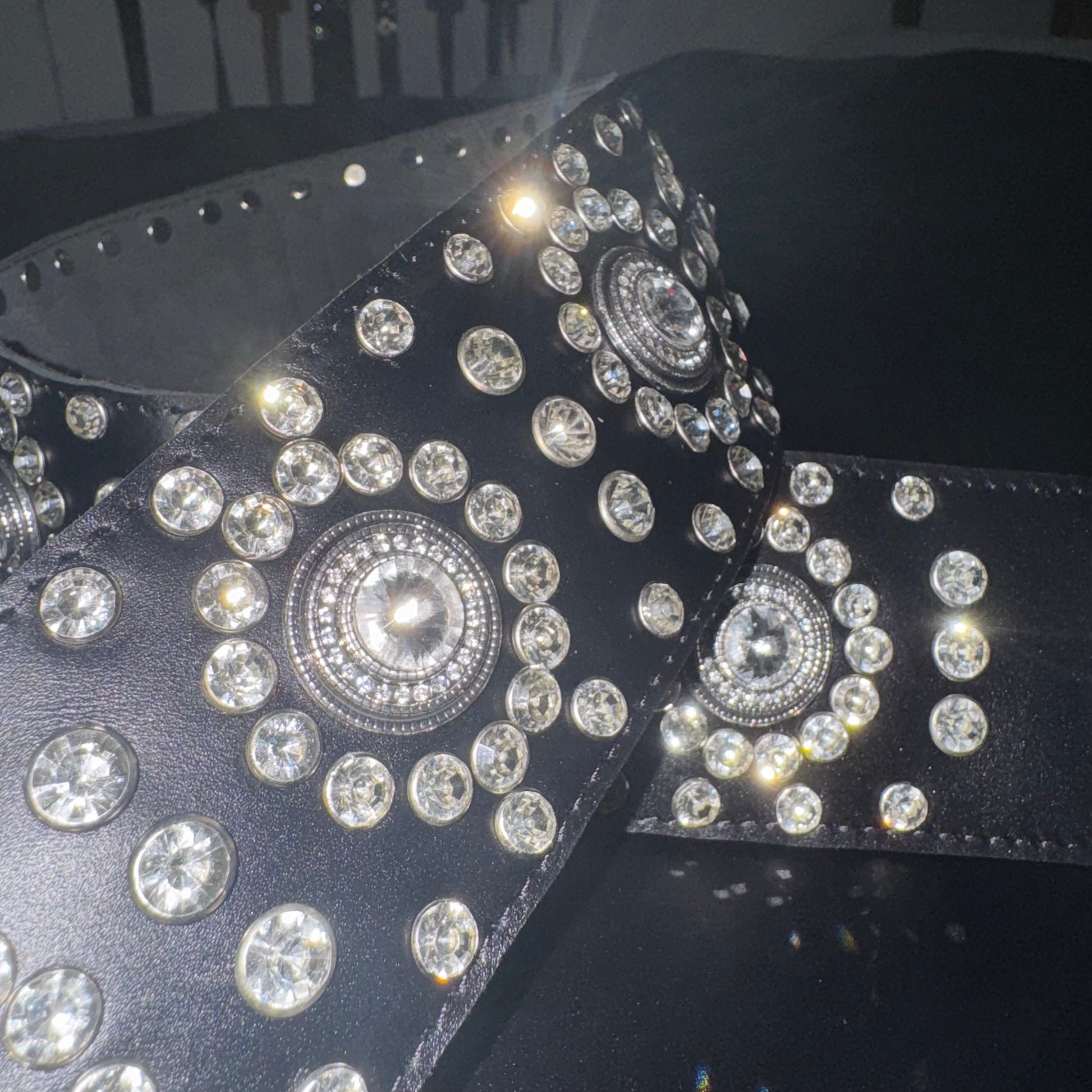 Black Leather Guitar Strap – Paul Stanley Style with Sparkling Crystal Stones - GBS