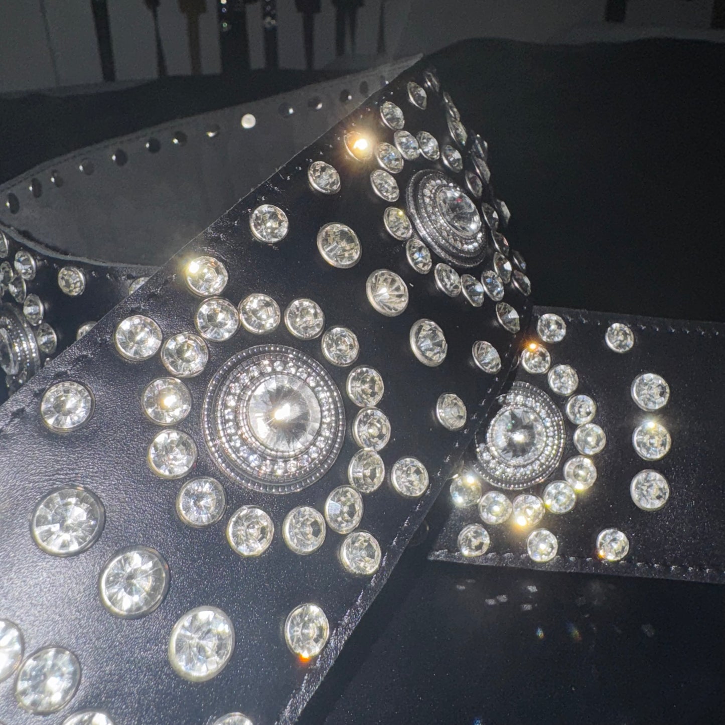 Black Leather Guitar Strap – Paul Stanley Style with Sparkling Crystal Stones - GBS