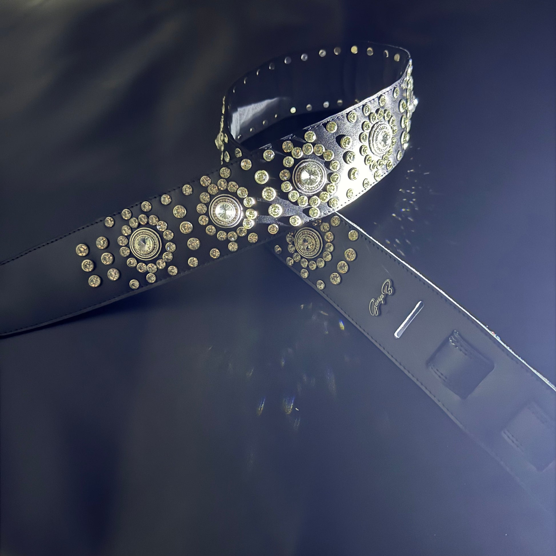 Black Leather Guitar Strap – Paul Stanley Style with Sparkling Crystal Stones - GBS