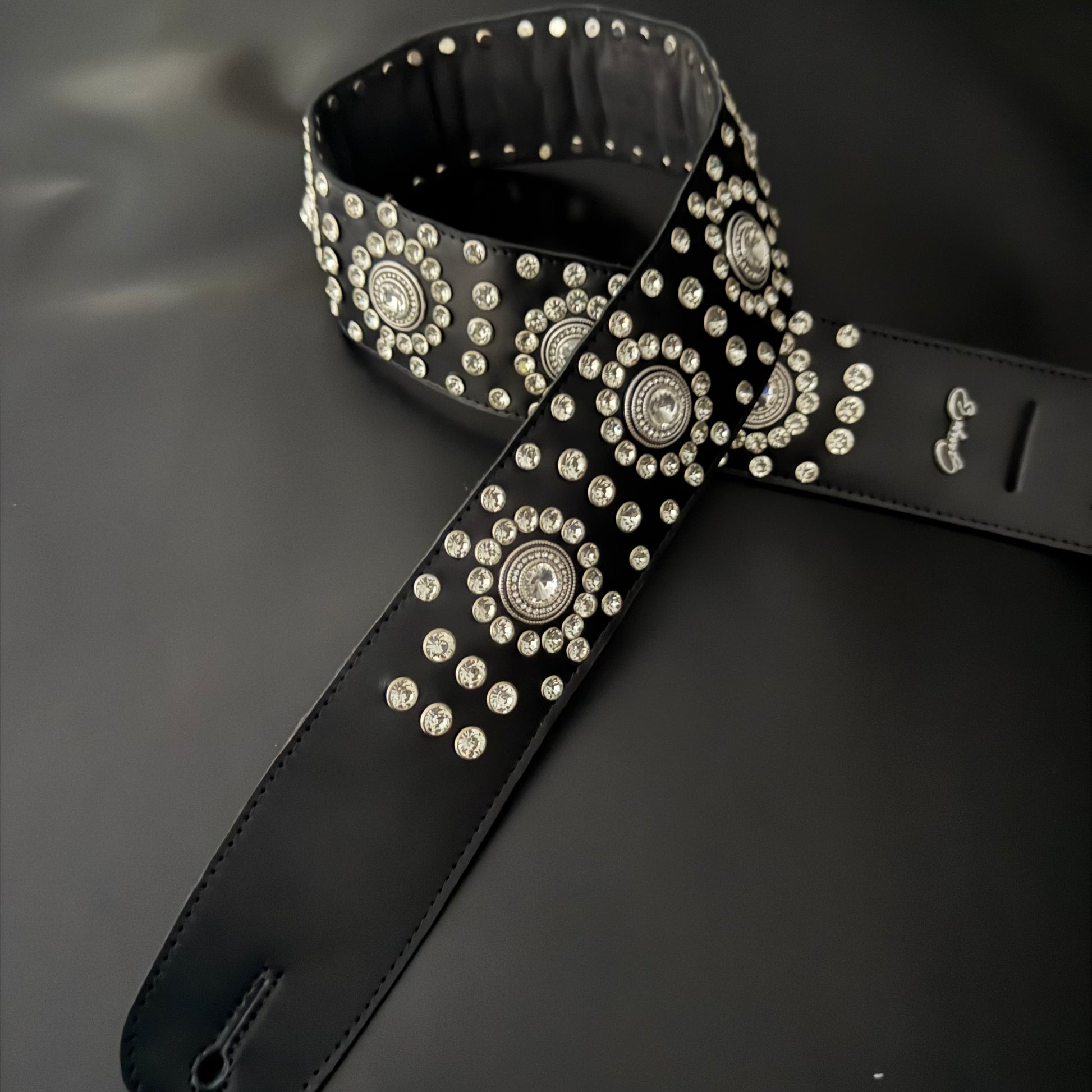 Black Leather Guitar Strap – Paul Stanley Style with Sparkling Crystal Stones - GBS