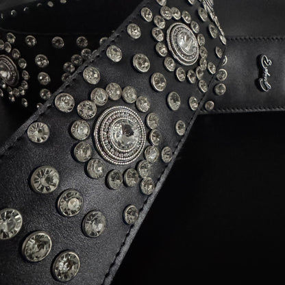 Black Leather Guitar Strap – Paul Stanley Style with Sparkling Crystal Stones - GBS