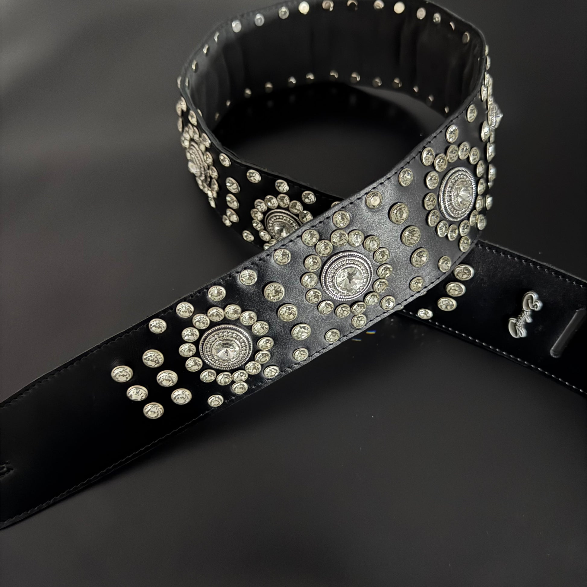 Black Leather Guitar Strap – Paul Stanley Style with Sparkling Crystal Stones - GBS